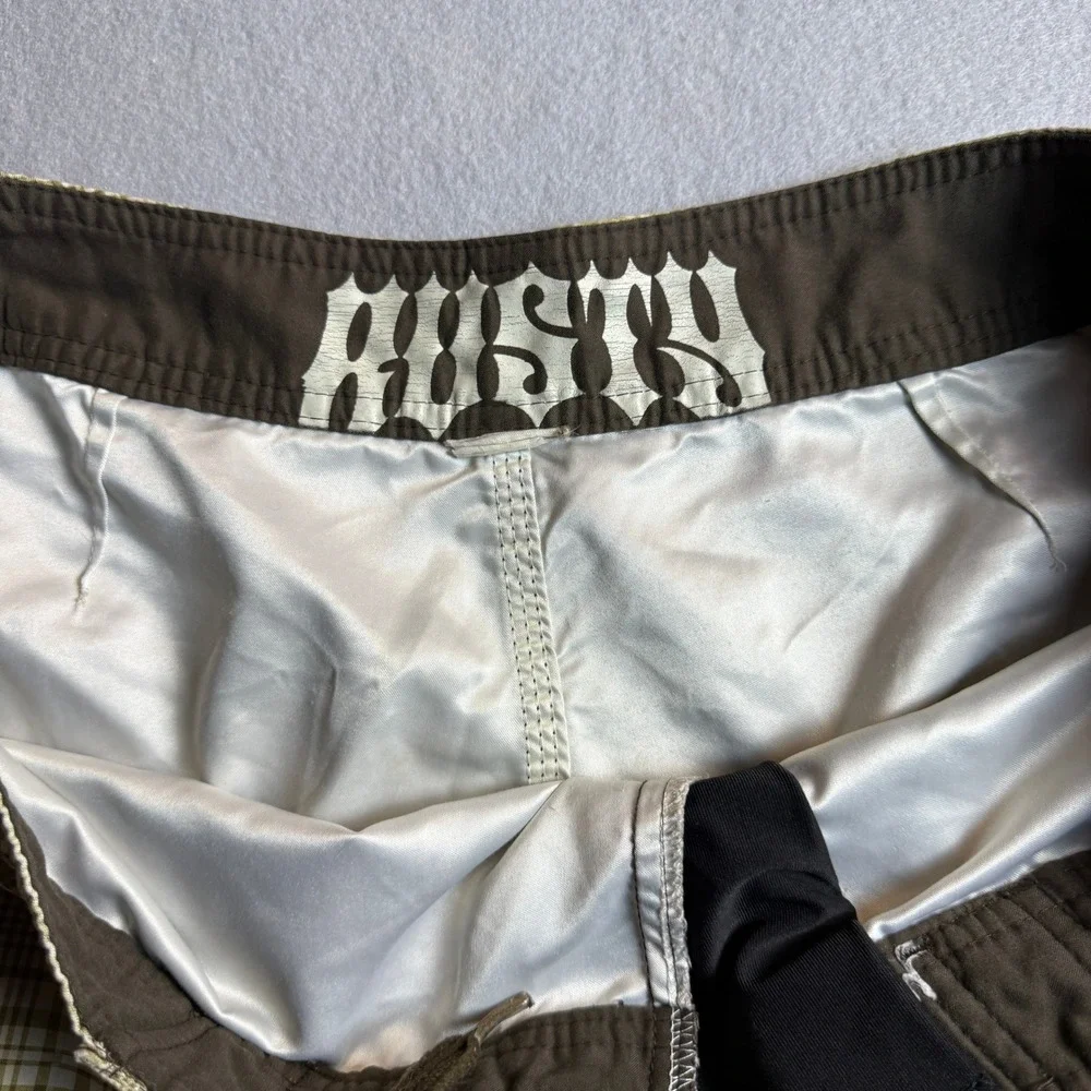 Rusty Mens‎ Plaid Board Shorts Tan White Graphic Crest Cargo Pocket Size 34